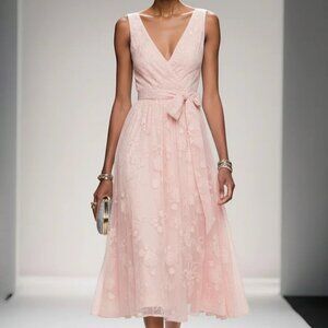 NWT Fehaute Blush Pink Bow Embroidered Floral Midi Dress Formal Easter Women's 6